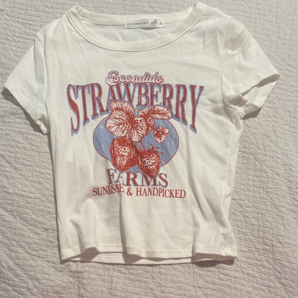 Altar'd State White Tee with Red and Blue Strawberry Print